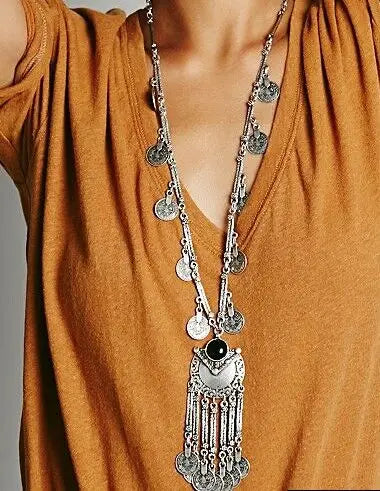 Black Blue Stone Ethnic Coin tassel necklace