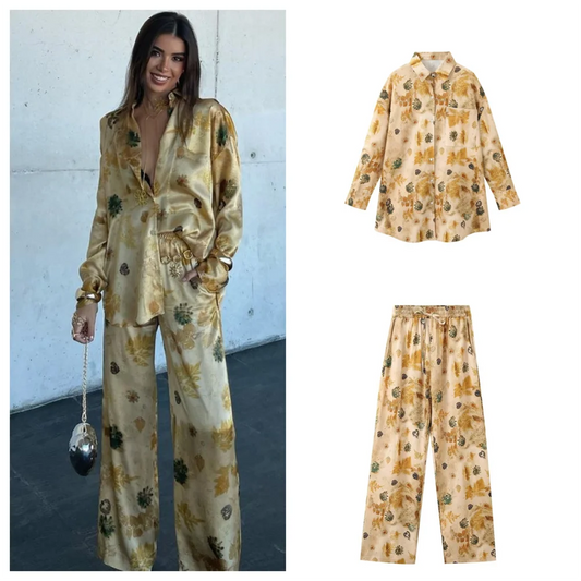 Versatile loose printed shirt+wide leg straight leg pants set