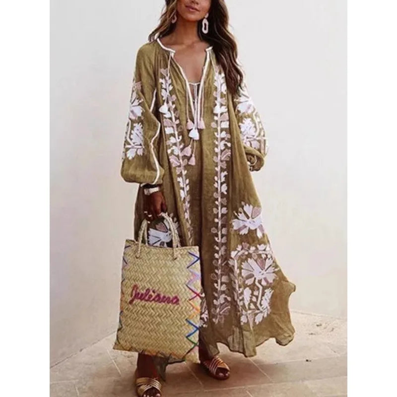 V-neck Long Sleeve Printed Dress