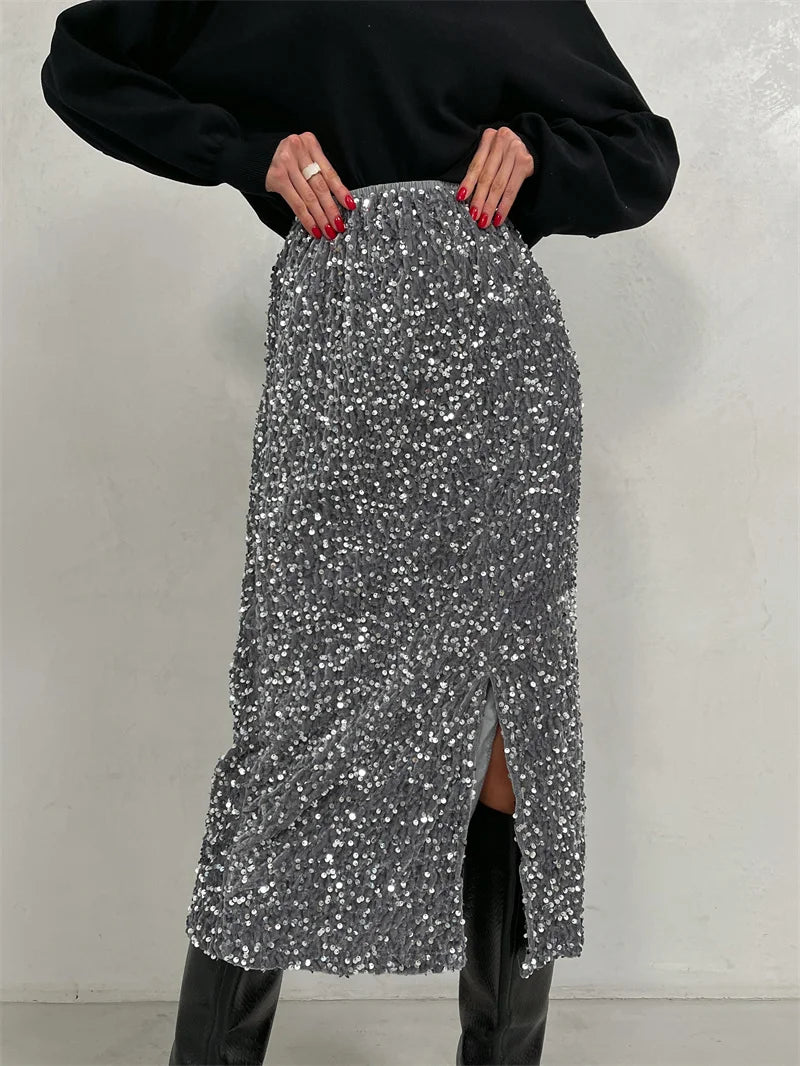 Vintage Midi Sequin Skirt Women