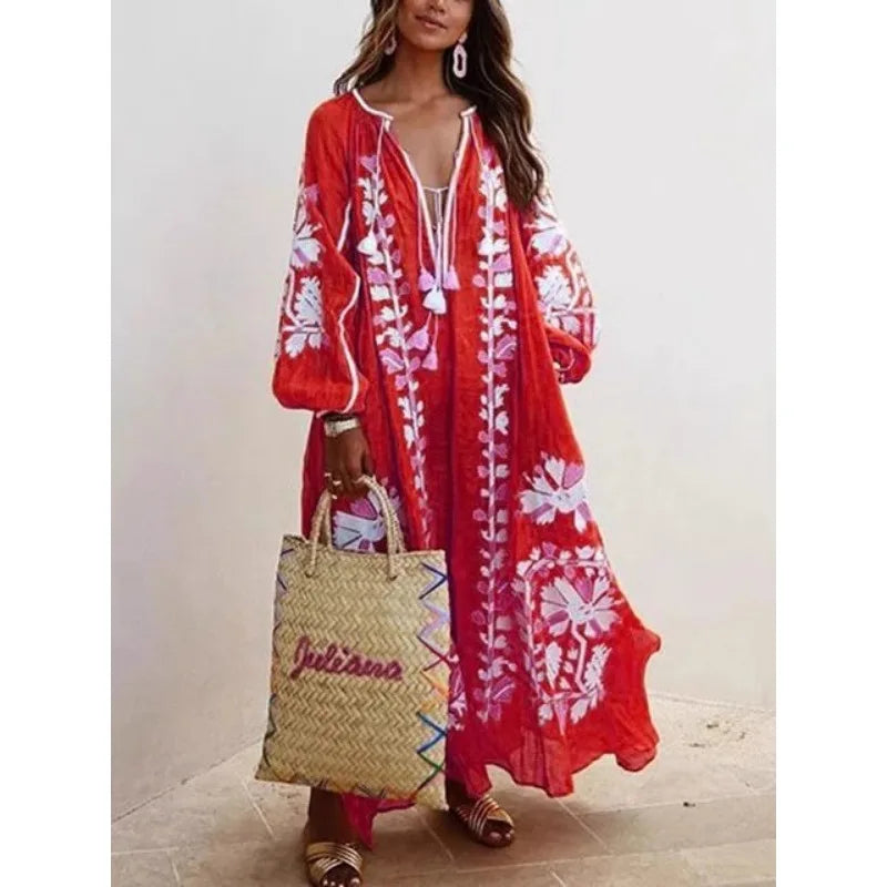 V-neck Long Sleeve Printed Dress