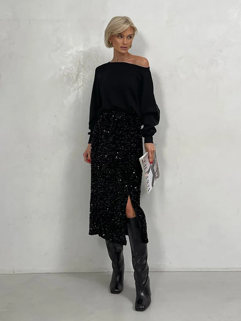 Vintage Midi Sequin Skirt Women