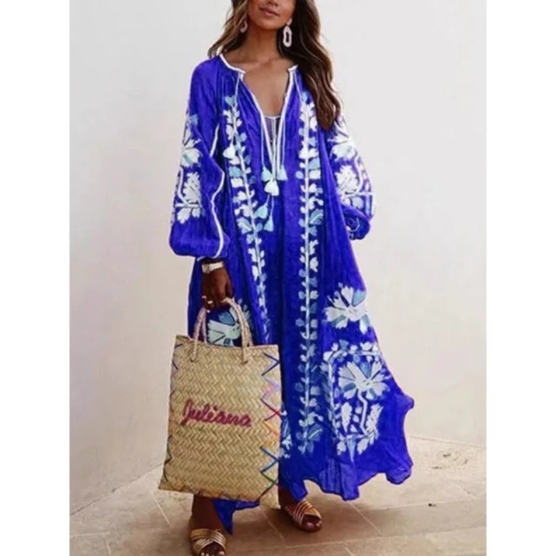 V-neck Long Sleeve Printed Dress