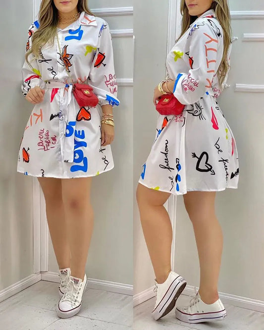 Single Shirt Letter Print Mini Dress