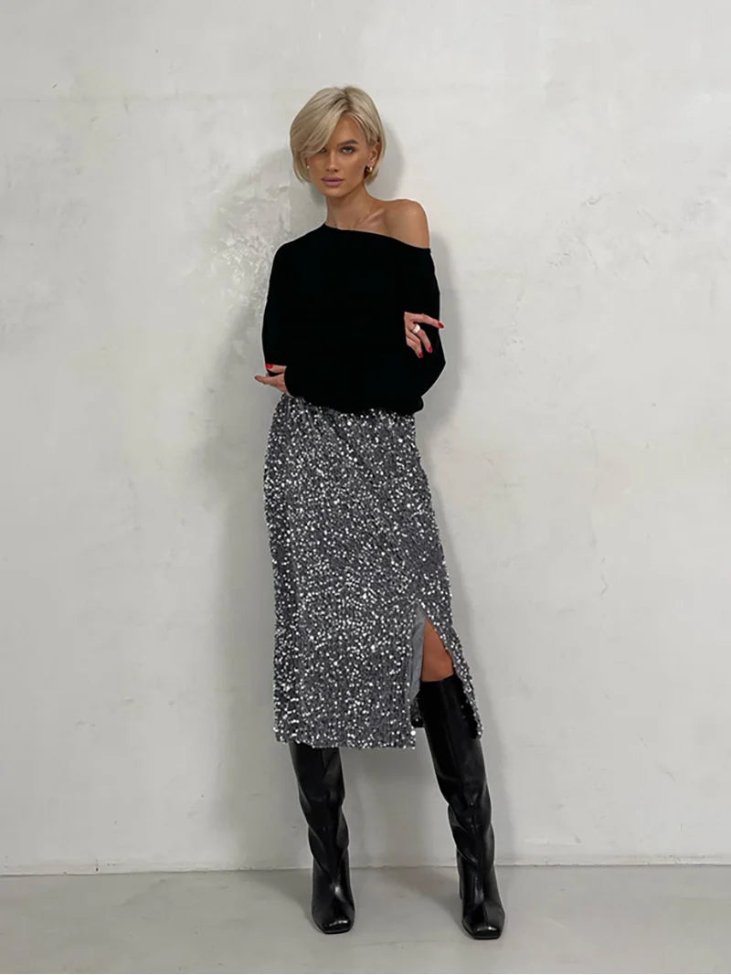 Vintage Midi Sequin Skirt Women