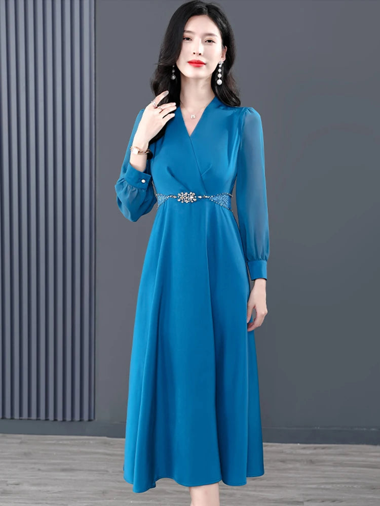 Blue Satin Fashion Midi Dress