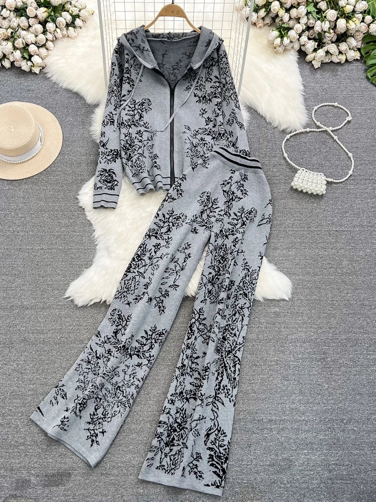 Vintage Print Knit Loose Suits